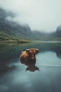 AI generated illustration of Brown cow resting on water near misty mountains Royalty Free Stock Photo