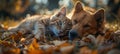 a brown dog and a kitten cuddle in the leaves Royalty Free Stock Photo