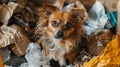 AI generated illustration of a brown dog sitting on stack of shredded paper