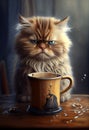 AI generated illustration of a brown domestic cat at a wooden table with a cup of coffee