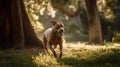 AI generated illustration of a brown domestic dog running in the forest