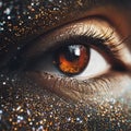AI generated illustration of a brown eye with dark sparkly skin tone with glittery sparkles