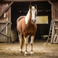 AI generated illustration of brown horse standing near an open barn