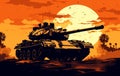 AI generated illustration of A brown military tank in a desert setting with a stunning orange sky Royalty Free Stock Photo