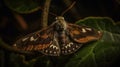 AI generated illustration of a brown moth perched on a green leaf in a forested setting