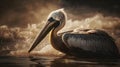 AI-generated illustration of a brown pelican in tranquil water illuminated by a soft light.