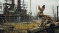 AI generated illustration of a brown rabbit in an abandoned industrial area