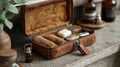 a brown suitcase filled with some hair tools on a shelf