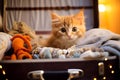 a brown suitcase filled with lots of stuffed toys and a kitten