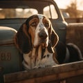 AI generated illustration of A brown and white Border Collie dog is sitting in an aged pick-up truck Royalty Free Stock Photo