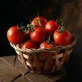 AI generated illustration of a brown wicker basket filled with bright red tomatoes Royalty Free Stock Photo