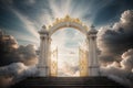 an open door is shown with clouds and the sun above Royalty Free Stock Photo