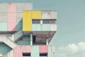 AI generated illustration of a brutalist concrete building with muted pastel paint