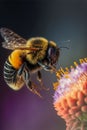 AI generated illustration of a bumblebee flying to pollinate a flower