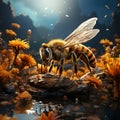 AI generated illustration of a bumblebee perched on a stone in dandelions
