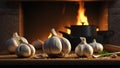 AI generated illustration of a bunch of garlic on a wooden board with a bonfire in the background
