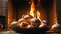 AI generated illustration of a bunch of onions in a bowl with bonfire in the background