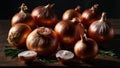 AI generated illustration of a bunch of onions on a wooden board Royalty Free Stock Photo