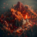 AI generated illustration of a burning volcano situated in the mountains at nighttime