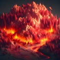 AI generated illustration of a burning volcano situated in the mountains at nighttime