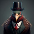 AI generated illustration of a business bird with a serious facial expression in a dark background