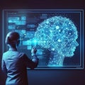 AI generated illustration of a business woman operating an interactive device for brain functions