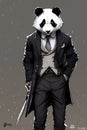 AI generated illustration of a businessman wearing a panda mask holds a kitchen knife