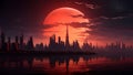 AI generated illustration of a bustling cityscape is illuminated by a fiery red sky.