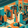 AI generated illustration of a busy thrift store, with customers browsing through racks of clothing and household items, line