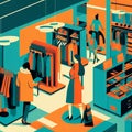 AI generated illustration of a busy thrift store, with customers browsing through racks of clothing and household items, line