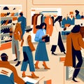 AI generated illustration of a busy thrift store, with customers browsing through racks of clothing and household items, line