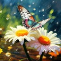 AI generated illustration of butterfly on daisy flower with water drops and sunlight Royalty Free Stock Photo