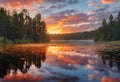 AI generated illustration of a calm lake at sunset with trees and water, featuring a serene oasis
