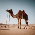 AI generated illustration of a camel standing solo in the desert, tethered by a rope