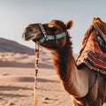 AI generated illustration of a camel tethered amidst desert dunes