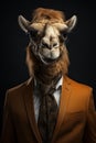 AI generated illustration of a camel wearing a stylish orange suit and necktie