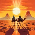 AI generated illustration of camels walking across a vast desert landscape Royalty Free Stock Photo