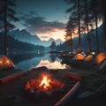 AI generated illustration of a campfire next to a lake surrounded by tents