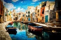 AI generated illustration of a canal reminiscent of Venice, with boats and timeless old houses