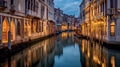 AI generated illustration of a canal in venice, italy, featuring softly illuminated buildings