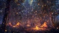 AI generated illustration of candlelit tents in a forest under a starry night sky