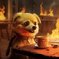 a dog sitting next to a cup on a table with a fire in the background Royalty Free Stock Photo