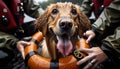 AI generated illustration of a canine wearing a bright orange life preserver