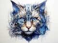 AI generated illustration of a captivating painting of a cat with blue eyes in a decorative frame