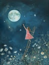 painting with woman climbing a ladder to the moon holding star