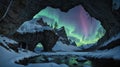 AI-generated illustration of A captivating view of the aurora borealis and water inside a grotto Royalty Free Stock Photo