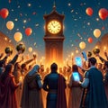Medieval Celebration Under Lantern-Lit Clock Tower â AI Generated Royalty Free Stock Photo