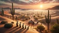 AI generated illustration of a caravan of camels and meerkats in a sunlit desert landscape