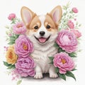 AI generated illustration of Cardigan Welsh Corgi in flowers