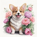 AI generated illustration of Cardigan Welsh Corgi in flowers